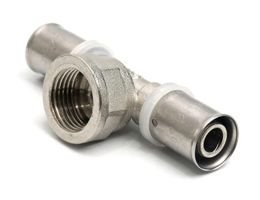 Perskoppeling messing verloop T-stuk met binnendraad FFF 16 x 1/2 F x 16 mm